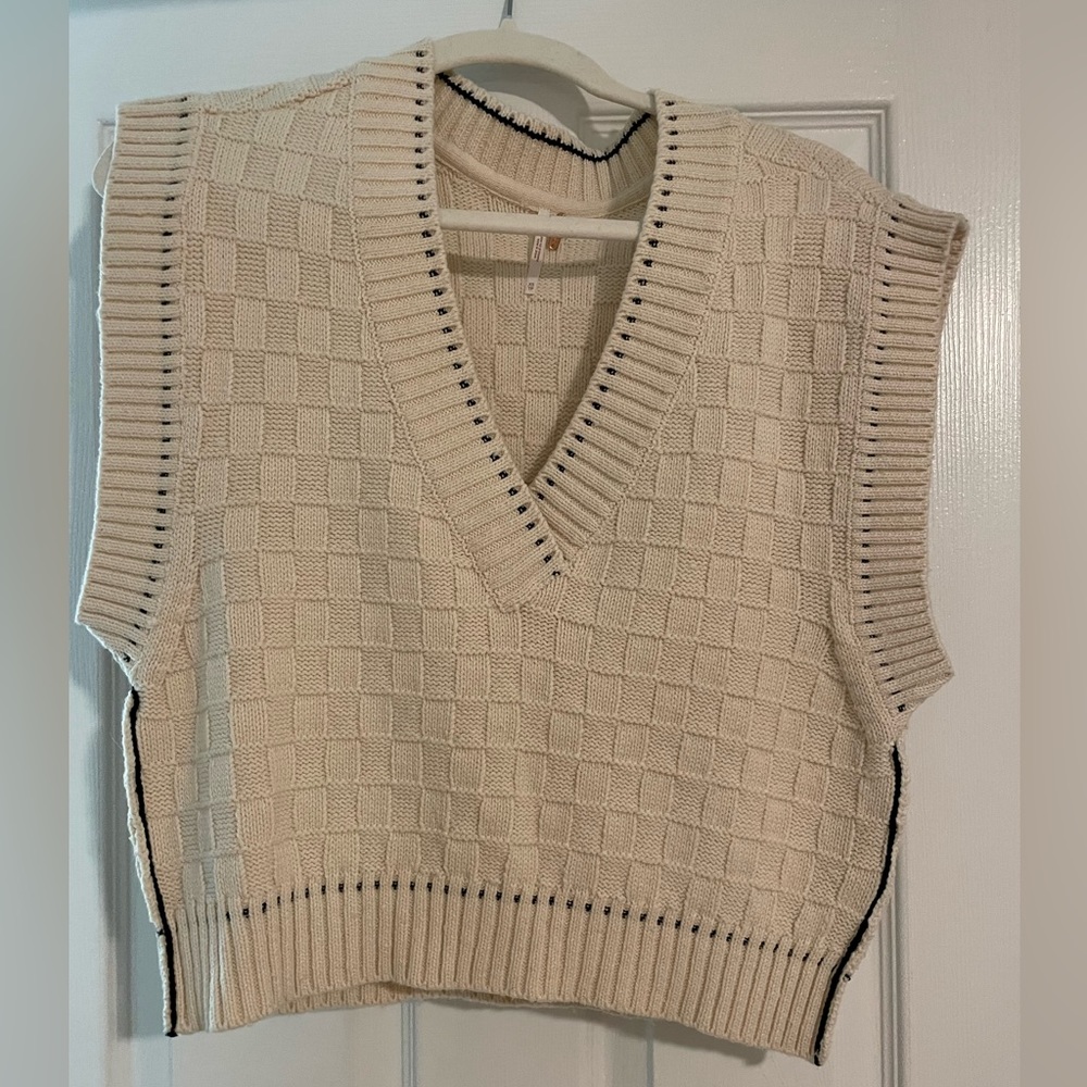Free People Cream Knit V-Neck Sweater Vest with Black Trim